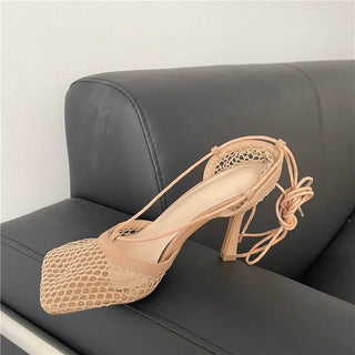Square Toe Mesh Lace - Up Heels - Diva Melody