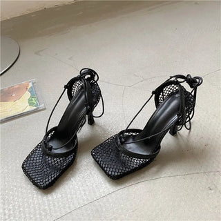 Square Toe Mesh Lace - Up Heels - Diva Melody