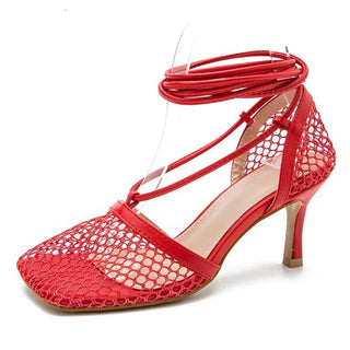 Square Toe Mesh Lace - Up Heels - Diva Melody
