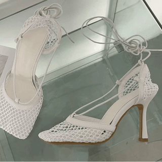 Square Toe Mesh Lace - Up Heels - Diva Melody