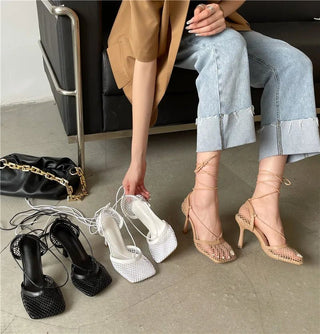 Square Toe Mesh Lace - Up Heels - Diva Melody