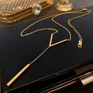 Stainless Steel V Shape Stick Pendant Long Chain Necklace Party Jewelry - Diva Melody