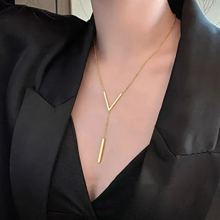 Stainless Steel V Shape Stick Pendant Long Chain Necklace Party Jewelry - Diva Melody