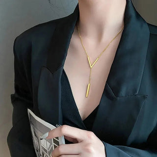 Stainless Steel V Shape Stick Pendant Long Chain Necklace Party Jewelry - Diva Melody