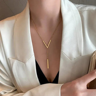 Stainless Steel V Shape Stick Pendant Long Chain Necklace Party Jewelry - Diva Melody