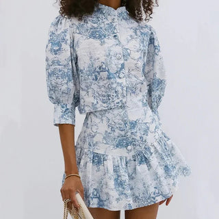 Stand Neck Top & High Waist Skirt Set - Diva Melody