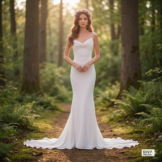 Stretchy Crepe Cowl Neck Backless Sheath Wedding Dress - Diva Melody