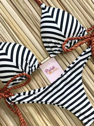 Striped Bikini Set Knotted Swimsuit Beach Sexy Thong Swimwear - Diva Melody