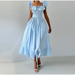 Striped Flounce Halter A - Line Dress - Diva Melody