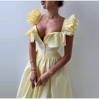 Striped Flounce Halter A - Line Dress - Diva Melody