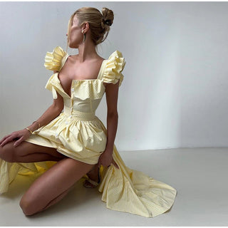 Striped Flounce Halter A - Line Dress - Diva Melody