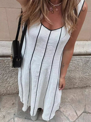 Striped U - Neck Long Dress - Diva Melody