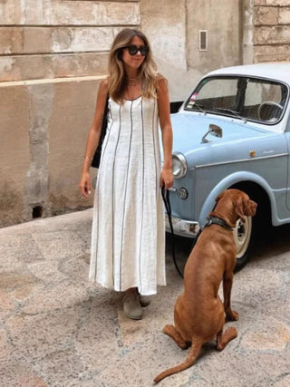 Striped U - Neck Long Dress - Diva Melody