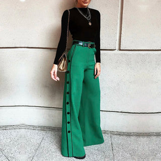 Stylish Wide Leg Green H - Line Solid Color Pants - Diva Melody