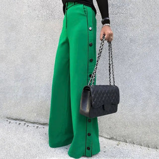 Stylish Wide Leg Green H - Line Solid Color Pants - Diva Melody