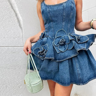 Summer Floral Denim Mini Dress - Diva Melody