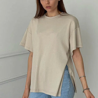 Summer Oversized Cotton Solid Split Basic Tshirt - Diva Melody