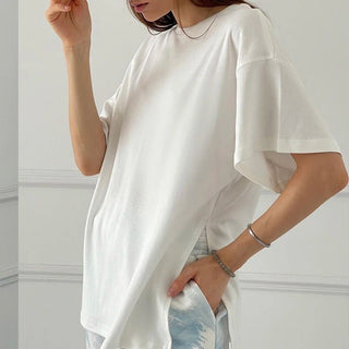 Summer Oversized Cotton Solid Split Basic Tshirt - Diva Melody