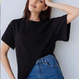 Summer Oversized Cotton Solid Split Basic Tshirt - Diva Melody