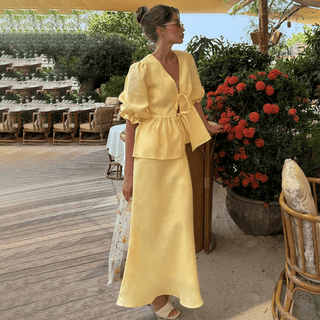 Summer V‑Neck Puff Sleeve A‑Line Skirt Set - Diva Melody