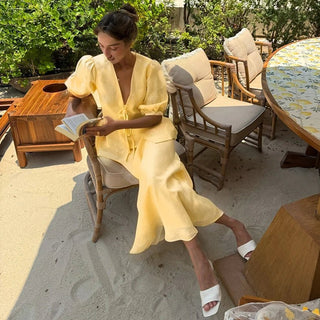 Summer V‑Neck Puff Sleeve A‑Line Skirt Set - Diva Melody