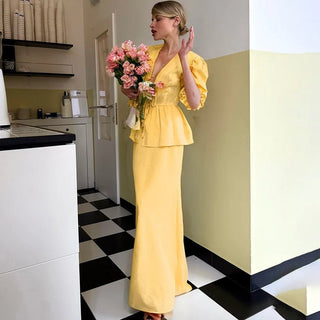 Summer V‑Neck Puff Sleeve A‑Line Skirt Set - Diva Melody