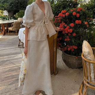 Summer V‑Neck Puff Sleeve A‑Line Skirt Set - Diva Melody