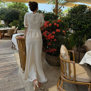 Summer V‑Neck Puff Sleeve A‑Line Skirt Set - Diva Melody