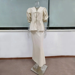 Summer V‑Neck Puff Sleeve A‑Line Skirt Set - Diva Melody