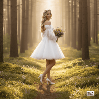 Sweetheart Organza Puff Sleeve Mini Bridal Dress - Diva Melody