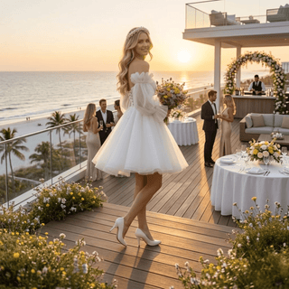 Sweetheart Organza Puff Sleeve Mini Bridal Dress - Diva Melody