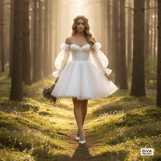 Sweetheart Organza Puff Sleeve Mini Bridal Dress - Diva Melody