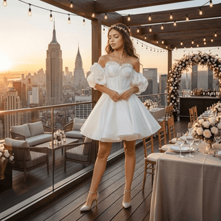 Sweetheart Ruffled Puff Sleeve Mini Bridal Dress - Diva Melody
