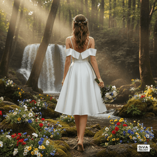 Tea - Length Off - Shoulder Satin Wedding Dress - Diva Melody
