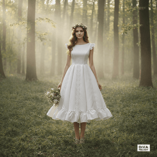 Tea - Length Rustic Satin Wedding Dress - Diva Melody