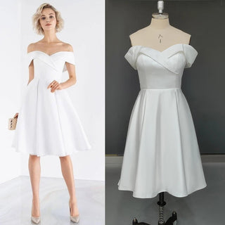 Tea - Length Satin Off - Shoulder Wedding Dress with Pleats - Diva Melody