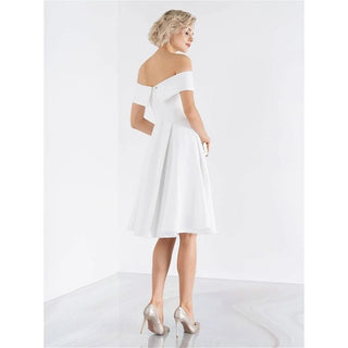 Tea - Length Satin Off - Shoulder Wedding Dress with Pleats - Diva Melody