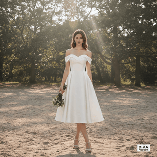 Tea - Length Satin Off - Shoulder Wedding Dress with Pleats - Diva Melody