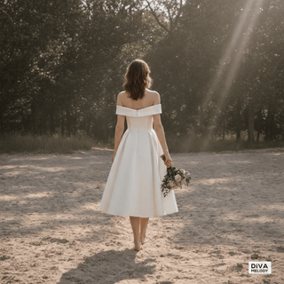 Tea - Length Satin Off - Shoulder Wedding Dress with Pleats - Diva Melody