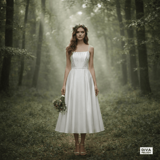 Tea - Length Satin Ruched Wedding Dress with Spaghetti Straps - Diva Melody