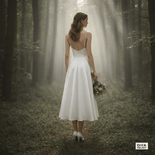 Tea - Length Satin Ruched Wedding Dress with Spaghetti Straps - Diva Melody
