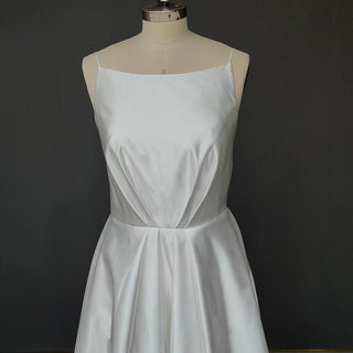 Tea - Length Satin Ruched Wedding Dress with Spaghetti Straps - Diva Melody