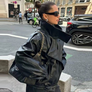 Textured Faux Leather Bomber Jacket - Diva Melody