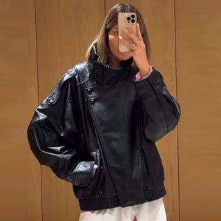 Textured Faux Leather Bomber Jacket - Diva Melody