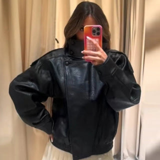 Textured Faux Leather Bomber Jacket - Diva Melody