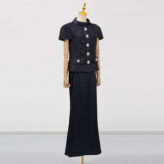 Textured Tweed Peplum Top and Satin Maxi Skirt Set - Diva Melody