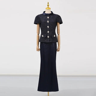 Textured Tweed Peplum Top and Satin Maxi Skirt Set - Diva Melody