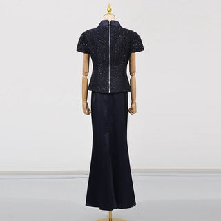 Textured Tweed Peplum Top and Satin Maxi Skirt Set - Diva Melody