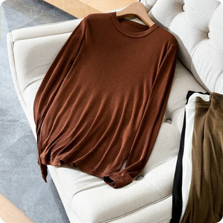 Thin O - Neck Solid Wool Long Sleeve T Shirt - Diva Melody