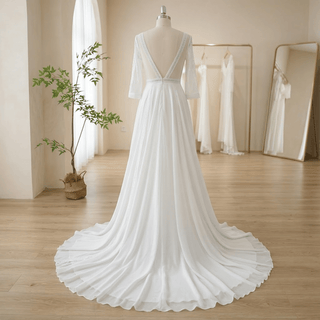 Three Quarter Chiffon Open Back Wedding Dress - Diva Melody